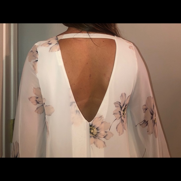 white mini dress floral detail with sheer sleeves - Picture 3 of 4